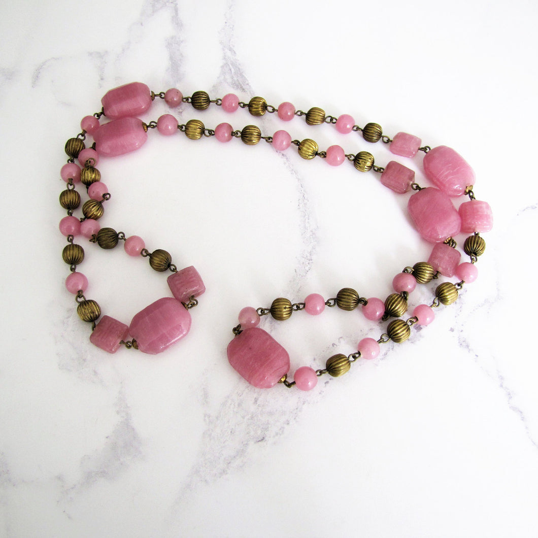 Czech Art Deco Long Rose Quartz Necklace, Chinoiserie Pressed Glass Beads. - MercyMadge