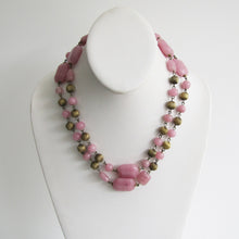 Cargar imagen en el visor de la galería, Czech Art Deco Long Rose Quartz Necklace, Chinoiserie Pressed Glass Beads. - MercyMadge
