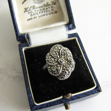 Art Deco Silver Marcasite Flower Ring. - MercyMadge