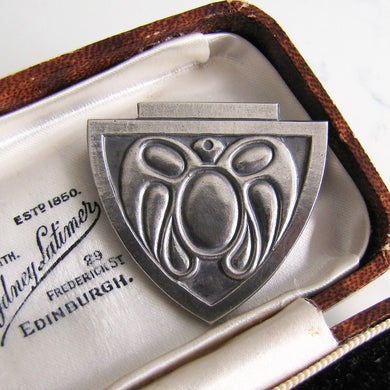 Art Nouveau Silver Shield Brooch, Stylised Moth - MercyMadge