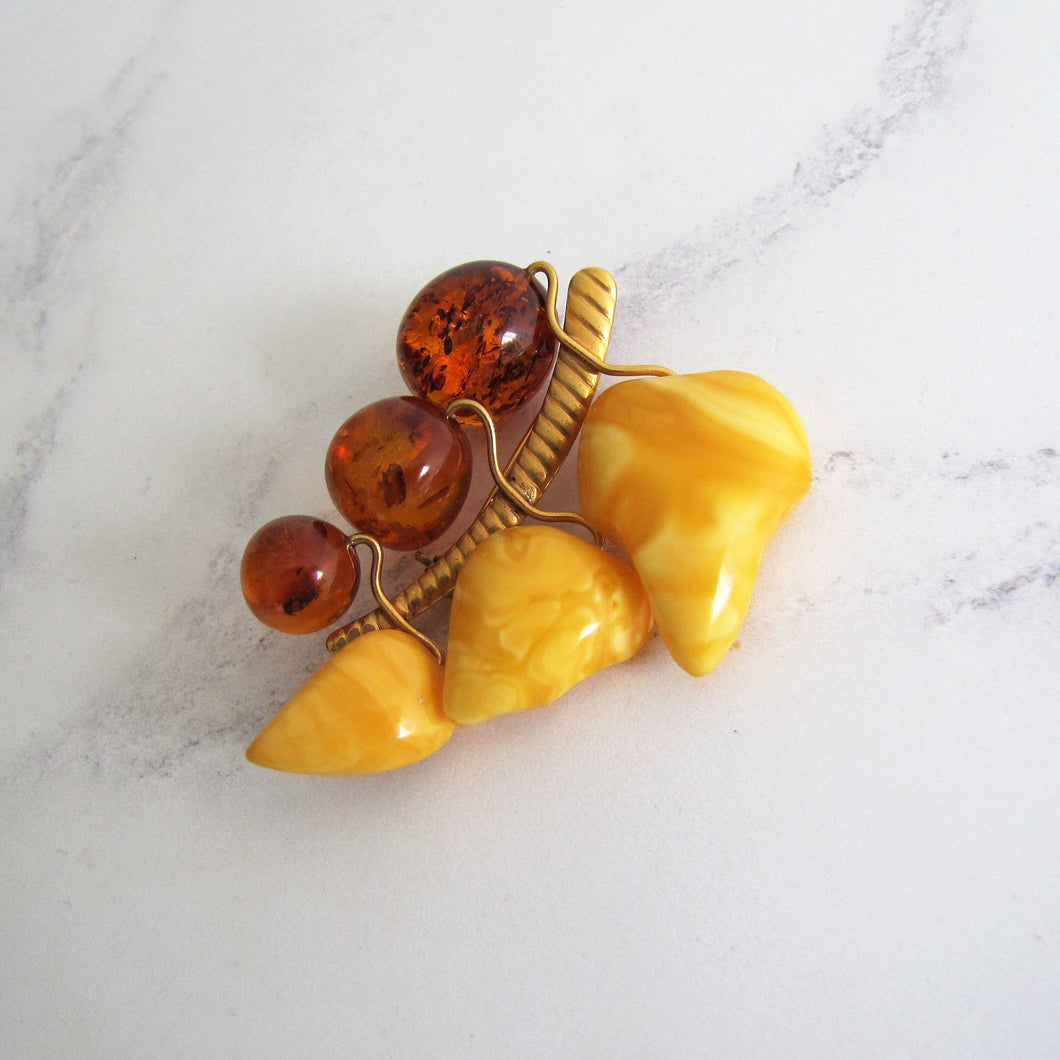 Vintage 9ct Gold On Silver Baltic Mixed Amber Brooch. Big Carved Grape/Cherry Figural Brooch. Butterscotch & Cognac Amber Soviet Russian Pin