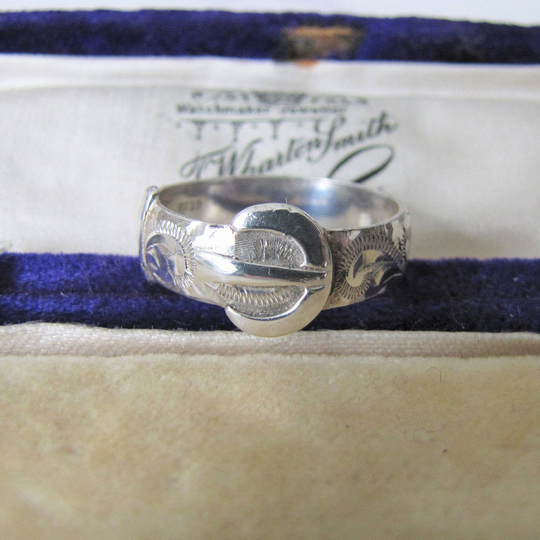 Victorian Style Silver Buckle Ring, Engraved Ferns. - MercyMadge