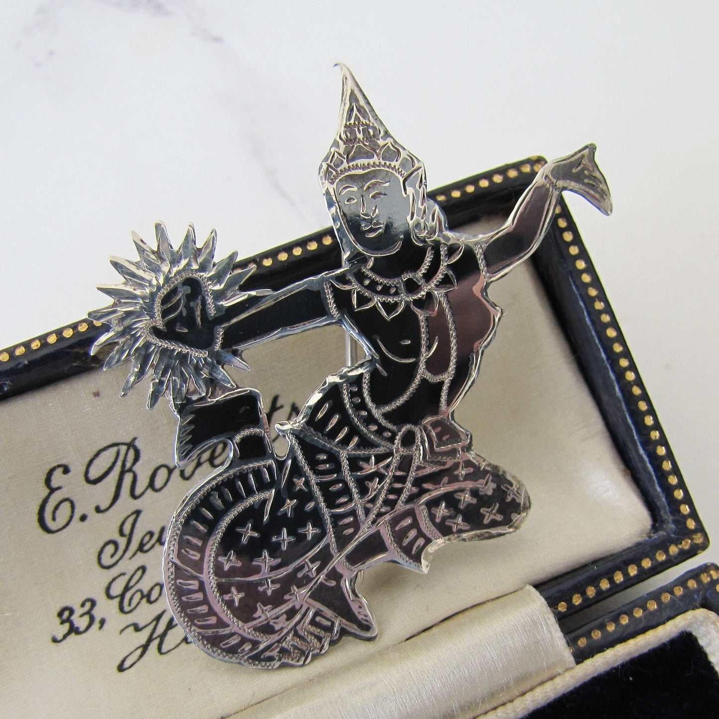 Vintage Siam Nielloware Dancing Goddess Brooch. Black Enamel & Sterling Silver Brooch, Mekkala Goddess of Lightning