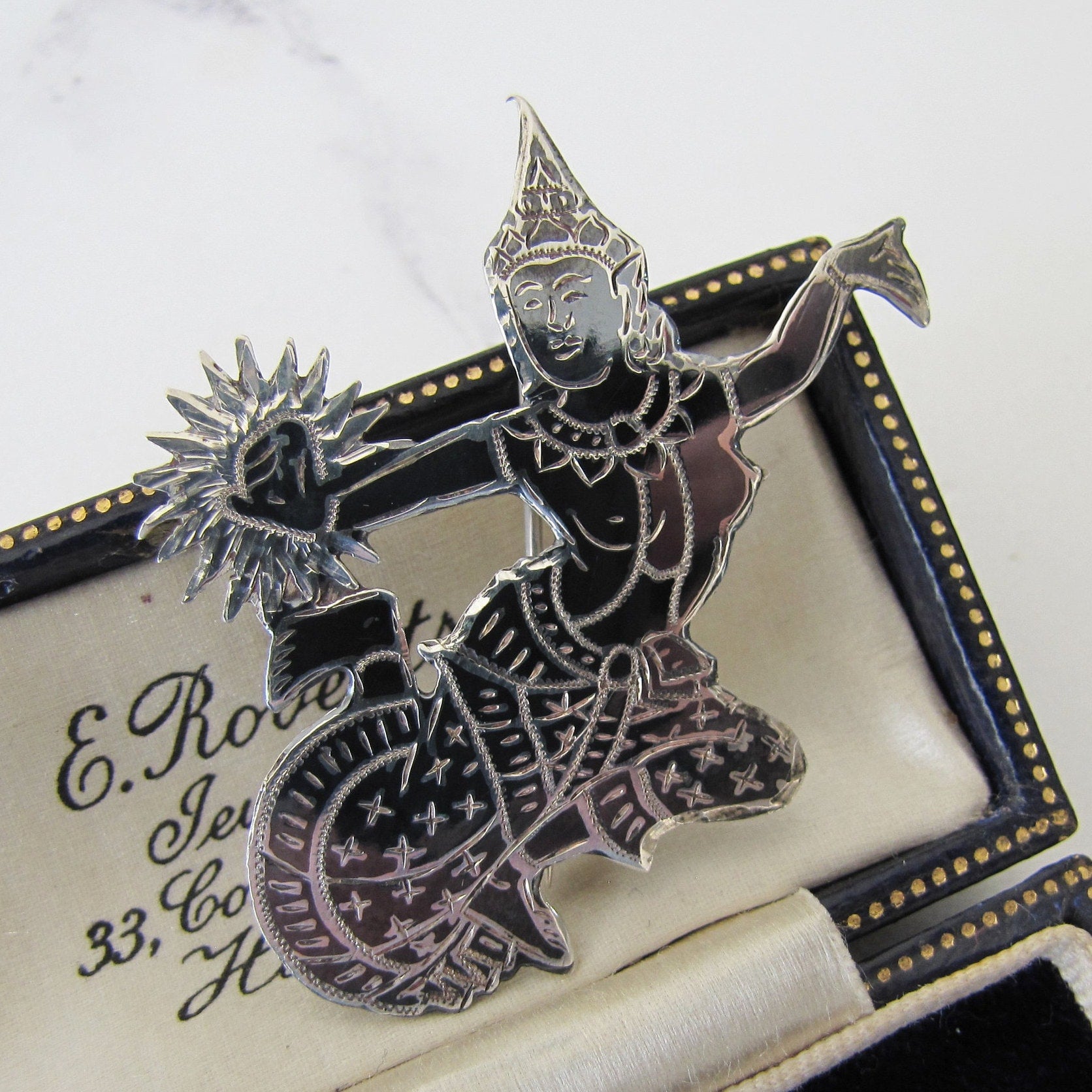 Vintage Siam Nielloware Dancing Goddess Brooch. Black Enamel & Sterling Silver Brooch, Mekkala Goddess of Lightning