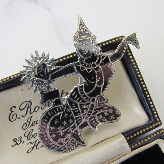 Vintage Siam Nielloware Dancing Goddess Brooch. Black Enamel & Sterling Silver Brooch, Mekkala Goddess of Lightning