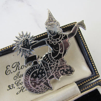 Vintage Siam Nielloware Dancing Goddess Brooch. Black Enamel & Sterling Silver Brooch, Mekkala Goddess of Lightning