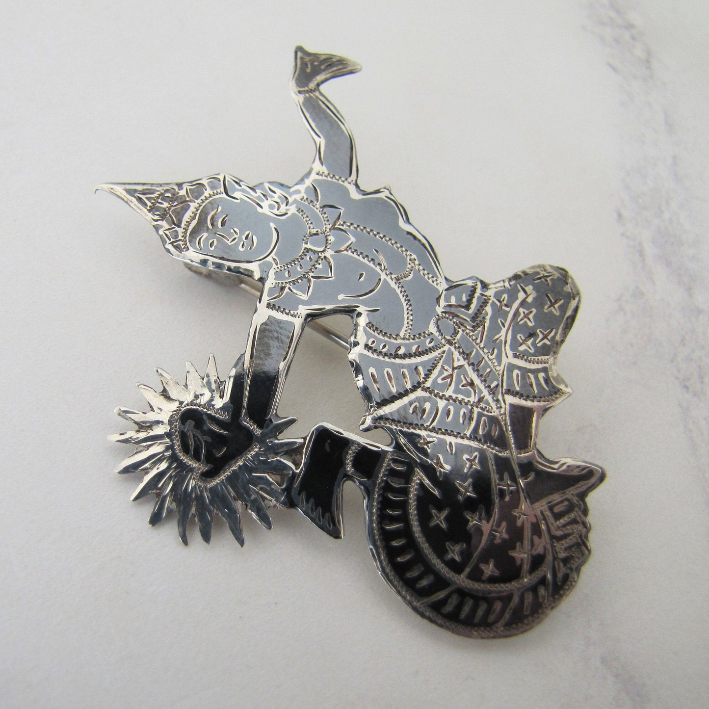 Vintage Siam Nielloware Dancing Goddess Brooch. Black Enamel & Sterling Silver Brooch, Mekkala Goddess of Lightning