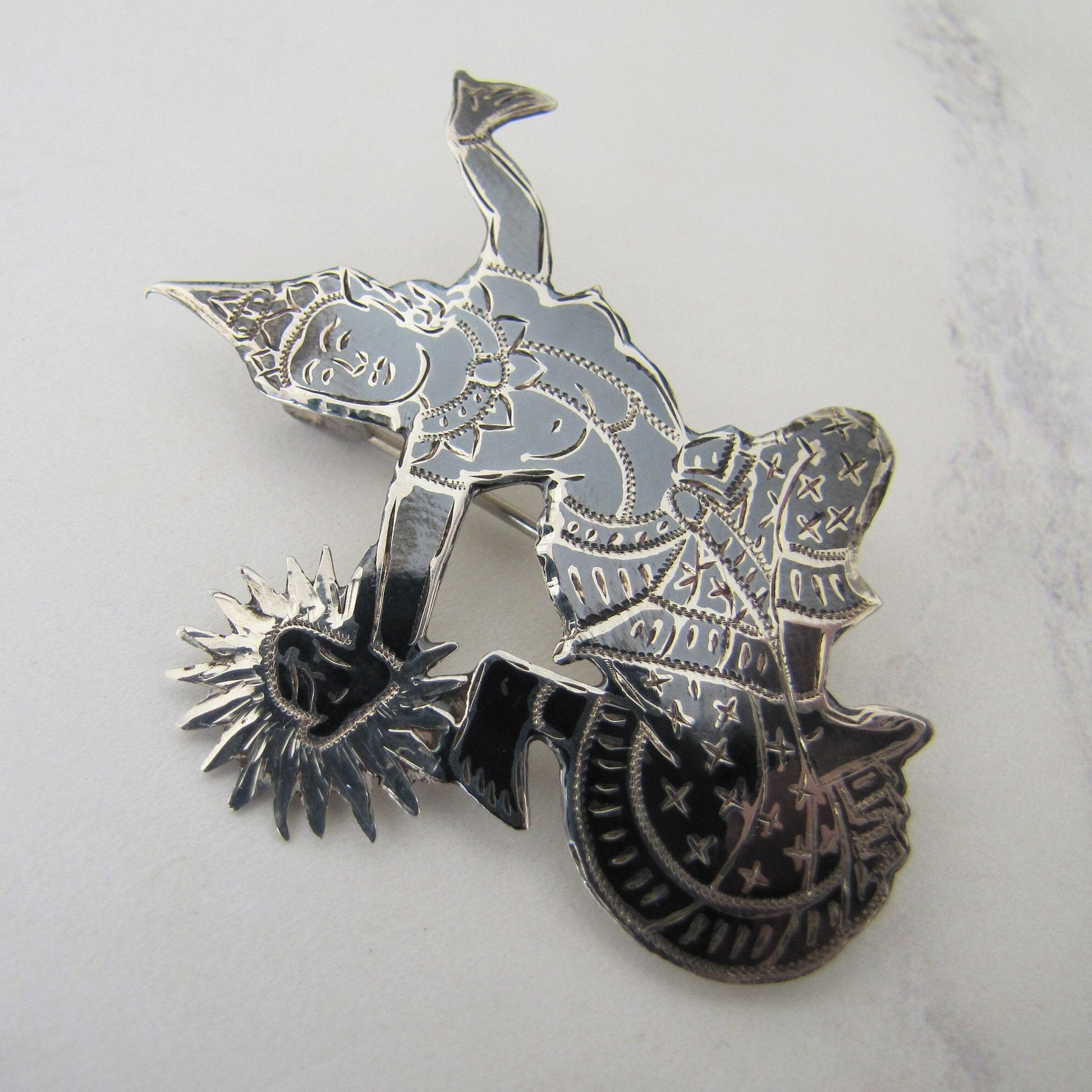 Vintage Siam Nielloware Dancing Goddess Brooch. Black Enamel & Sterling Silver Brooch, Mekkala Goddess of Lightning