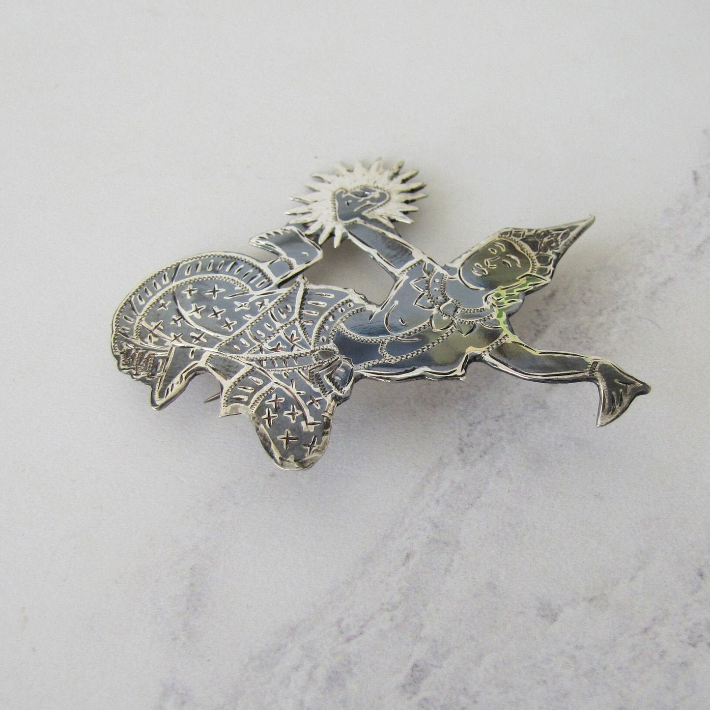 Vintage Siam Nielloware Dancing Goddess Brooch. Black Enamel & Sterling Silver Brooch, Mekkala Goddess of Lightning