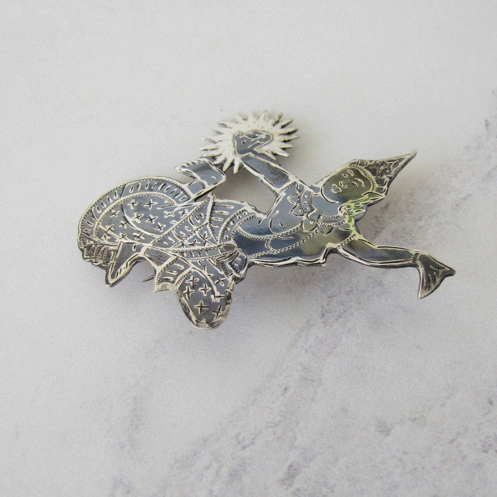 Vintage Siam Nielloware Dancing Goddess Brooch. Black Enamel & Sterling Silver Brooch, Mekkala Goddess of Lightning