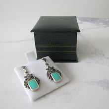 Cargar imagen en el visor de la galería, Art Deco Style Silver Marcasite &amp; Turquoise Earrings - MercyMadge
