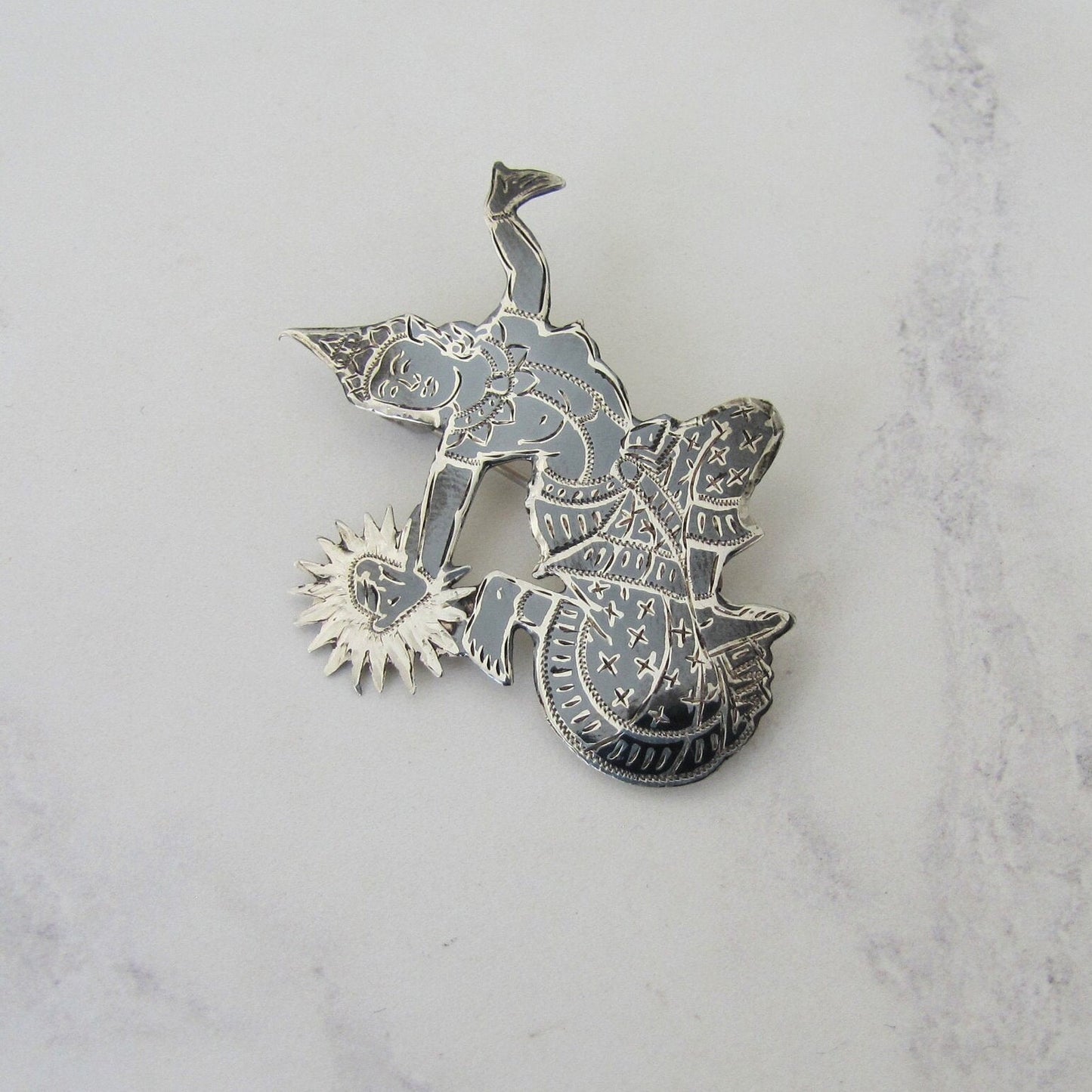 Vintage Siam Nielloware Dancing Goddess Brooch. Black Enamel & Sterling Silver Brooch, Mekkala Goddess of Lightning