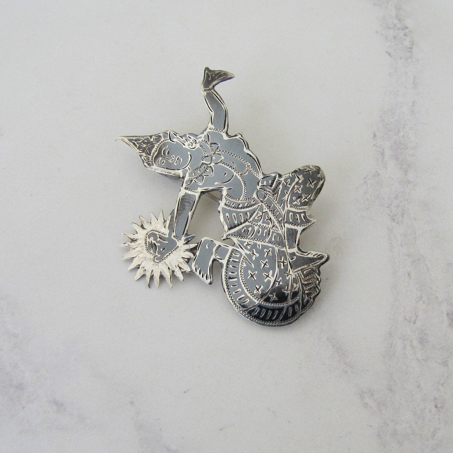 Vintage Siam Nielloware Dancing Goddess Brooch. Black Enamel & Sterling Silver Brooch, Mekkala Goddess of Lightning