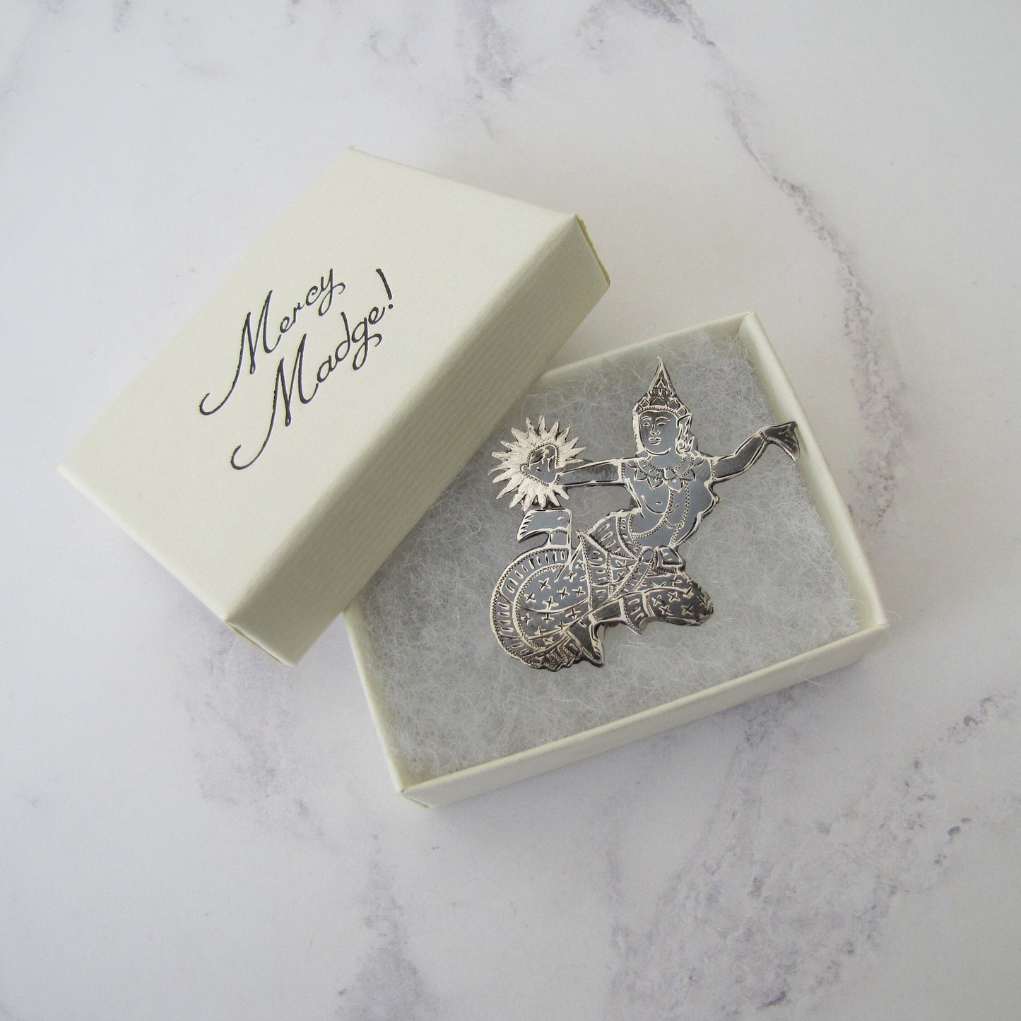 Vintage Siam Nielloware Dancing Goddess Brooch. Black Enamel & Sterling Silver Brooch, Mekkala Goddess of Lightning