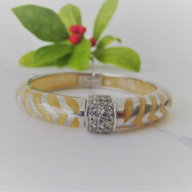 Vintage Angelique de Paris French Designer Bangle. Sterling Silver & Yellow Lucite Chevron Bracelet. White Gem Set Hinged Clamper Bangle