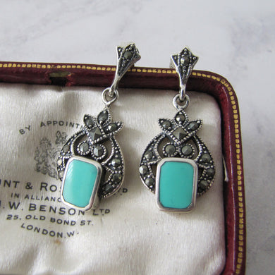 Art Deco Style Silver Marcasite & Turquoise Earrings - MercyMadge