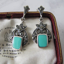 Cargar imagen en el visor de la galería, Art Deco Style Silver Marcasite &amp; Turquoise Earrings - MercyMadge
