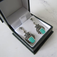 Load image into Gallery viewer, Art Deco Style Silver Marcasite &amp; Turquoise Earrings - MercyMadge
