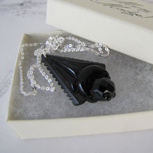 Load image into Gallery viewer, Victorian Whitby Jet Mourning Pendant, Silver Chain. - MercyMadge
