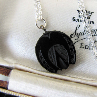 Victorian Whitby Jet Horseshoe Charm Pendant, Silver Chain. - MercyMadge