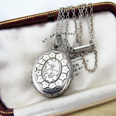 Victorian Silver Locket Necklace, Engraved Forget Me Nots, Irish Harp - MercyMadge