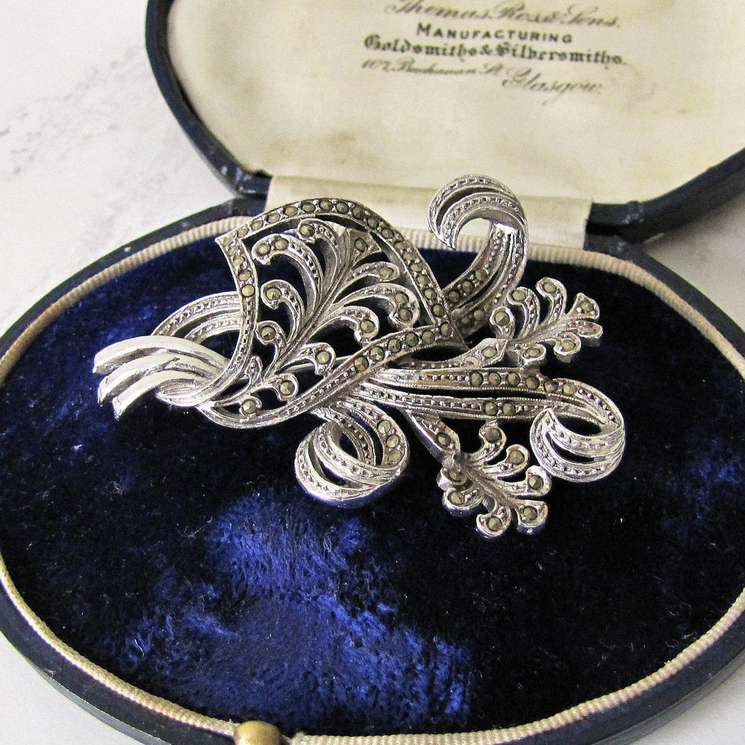 1930s Sterling Silver And Marcasite Brooch, Large Flower Spray Brooch. - MercyMadge
