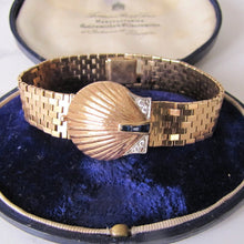 Cargar imagen en el visor de la galería, Art Deco 14K Gold, Diamond &amp; Sapphire Hidden Watch Bracelet. - MercyMadge
