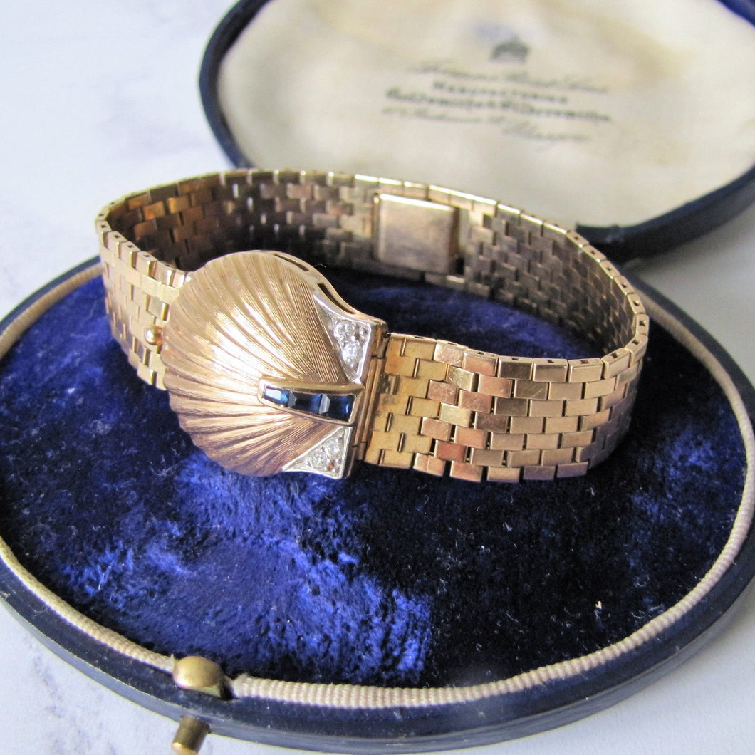 Art Deco 14K Gold, Diamond & Sapphire Hidden Watch Bracelet. - MercyMadge