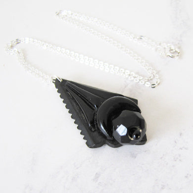 Victorian Whitby Jet Mourning Pendant, Silver Chain. - MercyMadge