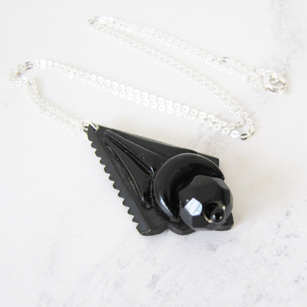 Victorian Whitby Jet Mourning Pendant, Silver Chain. - MercyMadge
