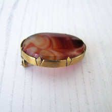 Load image into Gallery viewer, Antique Scottish Banded Banded Agate Brooch. Edwardian Rolled Gold Oval Carnelian Brooch. Antique Scottish Pebble Jewellery
