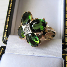 Load image into Gallery viewer, Vintage 4ct Tsavorite Garnet &amp; Diamond Ring. 14ct Gold, 4 Stone Green Gemstone Shamrock/Flower Ring With Certification/Valuation

