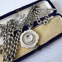 Load image into Gallery viewer, Antique Victorian Sterling Silver Double Albert Watch Chain With Tudor Rose Fob. Heavy English Curb Chain Necklace, T-Bar, Dog Clip, Pendant
