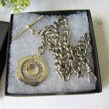 Cargar imagen en el visor de la galería, Antique Victorian Sterling Silver Double Albert Watch Chain With Tudor Rose Fob. Heavy English Curb Chain Necklace, T-Bar, Dog Clip, Pendant

