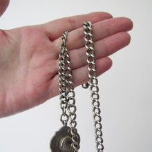 Cargar imagen en el visor de la galería, Antique Victorian Sterling Silver Double Albert Watch Chain With Tudor Rose Fob. Heavy English Curb Chain Necklace, T-Bar, Dog Clip, Pendant

