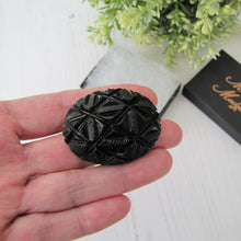 Load image into Gallery viewer, Antique Victorian Whitby Jet Pineapple Brooch. English Jet Gemstone Deep Carved Dome Brooch. Antique Victorian Mourning Jewellery
