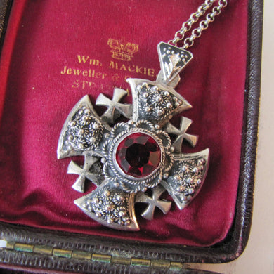 Vintage Silver & Paste Ruby Jerusalem Cross Pendant. Sterling Silver Cannetille Filigree Maltese/Crusaders Cross Pendant With Chain