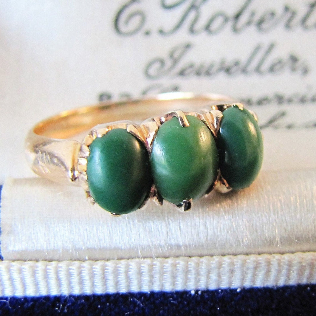 Victorian 15ct Gold Chrysoprase Ring. Antique 3-Stone Green Chalcedony Gold Ring.  Scottish Yellow Gold Trilogy Ring, US 6-1/2 /UK M-1/2