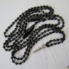 Load image into Gallery viewer, Antique Victorian French Jet Bead Guard Chain. Long Vauxhall Glass Mourning Chain With Silver Dog-Clip. Muff, Lorgnette Sautoir Necklace,
