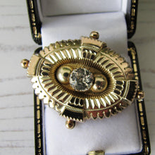 Load image into Gallery viewer, Antique Georgian/Victorian Gold Gilt &amp; Paste Diamond Target Brooch. Etruscan Locket Back Brooch With Hair/Photo Compartment
