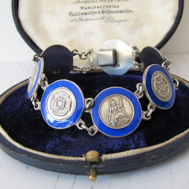Vintage 1940s Sterling Silver & Blue Enamel Bracelet. Britannia, Tudor Rose Guilloche Engraved Panel Bracelet. English Hallmarked Bracelet