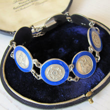 Load image into Gallery viewer, Vintage 1940s Sterling Silver &amp; Blue Enamel Bracelet. Britannia, Tudor Rose Guilloche Engraved Panel Bracelet. English Hallmarked Bracelet
