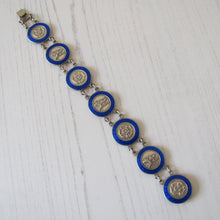 Load image into Gallery viewer, Vintage 1940s Sterling Silver &amp; Blue Enamel Bracelet. Britannia, Tudor Rose Guilloche Engraved Panel Bracelet. English Hallmarked Bracelet
