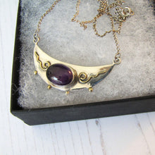 Load image into Gallery viewer, Antique Edwardian Amethyst Bib Necklace. Arts &amp; Crafts Gold, Silver Amethyst Crescent Necklace. Sterling Silver Amethyst Necklace

