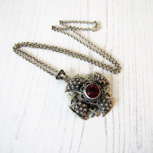 Load image into Gallery viewer, Vintage Silver &amp; Paste Ruby Jerusalem Cross Pendant. Sterling Silver Cannetille Filigree Maltese/Crusaders Cross Pendant With Chain
