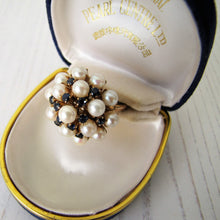 Cargar imagen en el visor de la galería, Vintage 14ct Pearl &amp; Sapphire Cluster Bombé Ring. Huge 1970s Yellow Gold Cultured Pearl Cocktail Statement Ring, Size P/UK, 7-3/4 US
