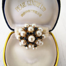 Cargar imagen en el visor de la galería, Vintage 14ct Pearl &amp; Sapphire Cluster Bombé Ring. Huge 1970s Yellow Gold Cultured Pearl Cocktail Statement Ring, Size P/UK, 7-3/4 US

