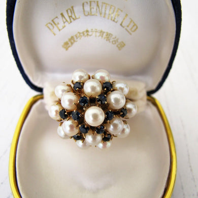 Vintage 14ct Pearl & Sapphire Cluster Bombé Ring. Huge 1970s Yellow Gold Cultured Pearl Cocktail Statement Ring, Size P/UK, 7-3/4 US