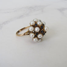 Load image into Gallery viewer, Vintage 14ct Pearl &amp; Sapphire Cluster Bombé Ring. Huge 1970s Yellow Gold Cultured Pearl Cocktail Statement Ring, Size P/UK, 7-3/4 US
