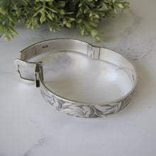 Load image into Gallery viewer, Vintage English Silver Buckle Bracelet Cuff. Floral Engraved Sterling Silver Victorian Style Buckle Bangle, 1976 Hallmarks.
